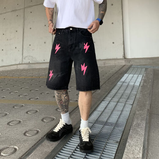American haut de gamme en cuir haut de gamme Denim shorts de créneau d'été masculin Design Sense High Street Handsome Straight Six-Point Mid-Pants Black-Black 1392-1 S