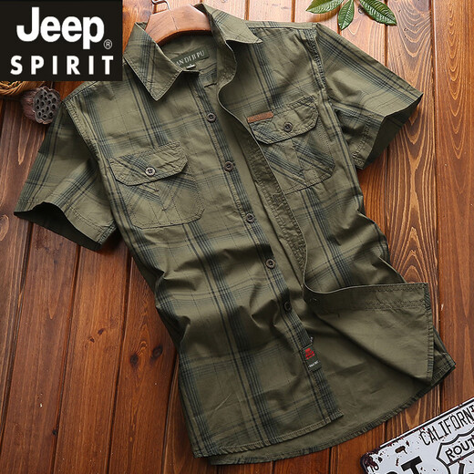 Jeep Spirit Jeep Summer d'âge moyen et jeune chemise à manches courtes décontractées pour hommes en liberté grande taille de papa à double poche équipe de travail militaire vert 5009 m