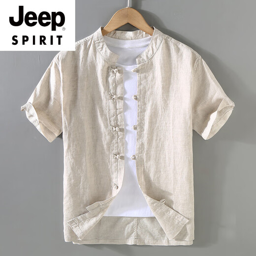 JEEP SPIRIT复古中国风夏季亚麻上衣唐装男立领薄款短袖棉麻衬衫中式盘扣衬衣 1047白色 M