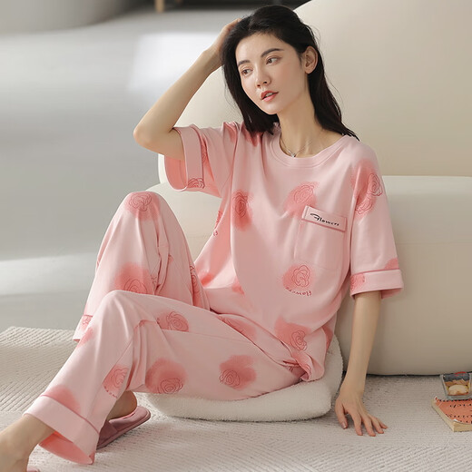 爱慕玫贵睡衣女夏季纯棉短袖长裤薄款全棉夏天女士家居服套装春秋季 YZT9712主图款 短袖长裤 M 80-100斤