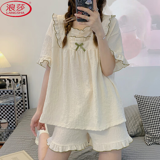 Langsha Japanischer Pyjama für Frauen im Sommer kurzärmeligte Baumwoll Gaze Zwei-teilige Ins-Prinzessin-Stil süße frische lässige Home-Kleidung XB_844# Pink Love XL [115-130jin [Jin gleich 0,5 kg]]