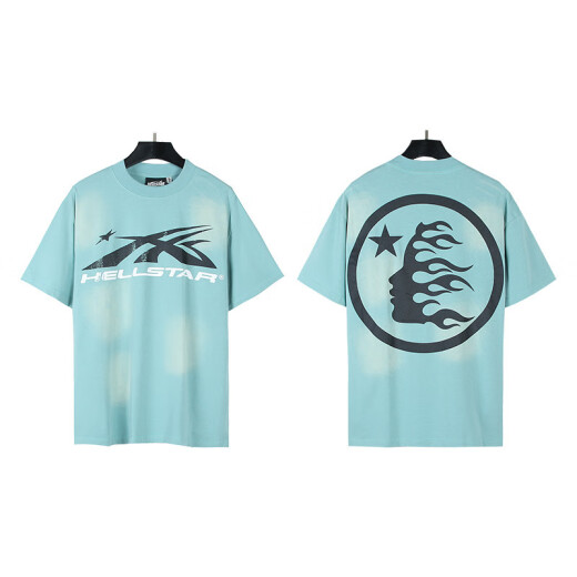 
WALKING BEAUTY Cross-border Wholesale Beauty Trend Hell Hell Star T-Shirt Print Pure Cotton Men and Women Summer Loose Short Sleeve T-Shirt 3895 Washing Black S