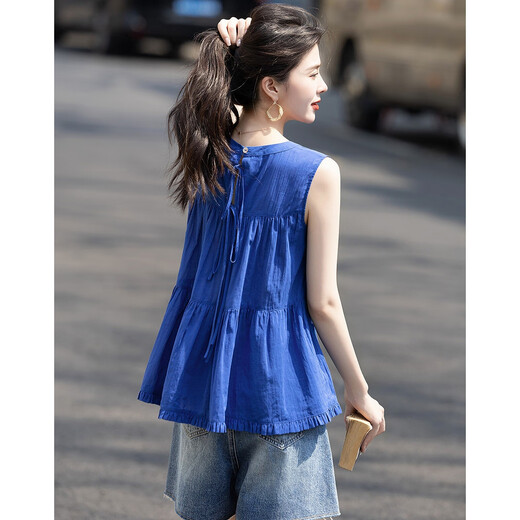 
Demana [Klein Blue] Summer Gentle Cotton Shirt Sleeveless Spliced ​​Loose Small Shirt Women's Top