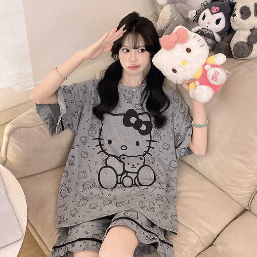 猫人（MiiOW）大码睡衣女款200斤套装夏季薄款纯棉短袖宽松加肥加大胖mm家居服 ZD--9928#(短袖+短裤) M (建议65-75斤)