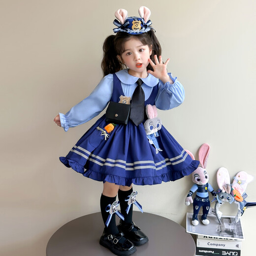 Dan Bird King Girls Judy Rabbit Police Officer Princess Dress Spring and Autumn Children's College Style Dress COS Clothing Girls Lolita Blue Dress + Tie 110 Codes