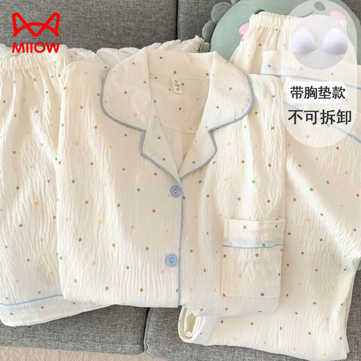 猫人（MiiOW）带胸垫彩色波点睡衣女短袖长裤夏款纯棉纱布三件套开衫家居服夏季 (没有胸垫)云朵棉-9905#黑爱心三 M 【建议75-100斤】