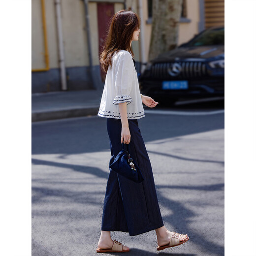 Awakening Paradise French Style Literary Style Round Neck Shirt Lace Tie High Waisted Wide Leg Pants Two-piece Commuting Suit Navy XL
