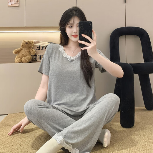可外穿短袖睡衣女夏季甜美性感蕾丝花边莫代尔棉带胸垫套装家居服 1278黑色 XL 120-150斤