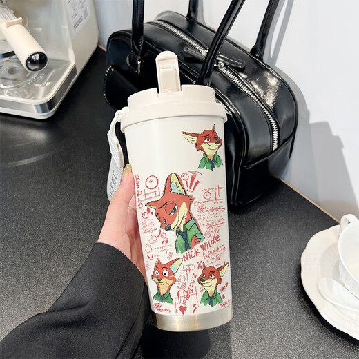Whalemedo Judynik Thermos Strohverbeigungsbecher großer Kapazitätssportwagen tragbare männliche und weibliche Studenten, um zum School Cup BXAB6624 Fox Nick Edelstahl-Liner-520ml mit Lanyard zu gehen