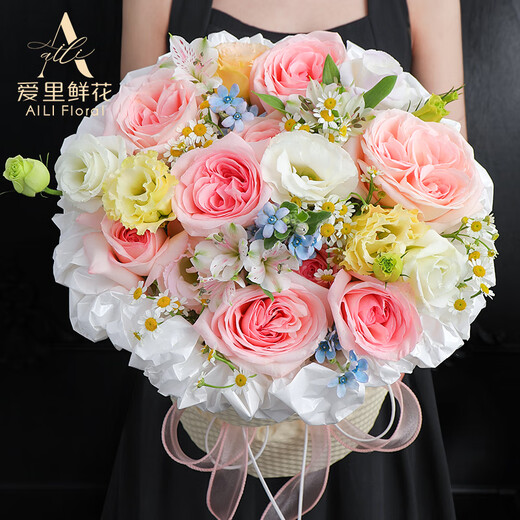 Airi Flowers 99 roses for girlfriend, birthday flowers for wife, date flowers, proposal, confession gift, flower shop delivery, pink lychee and platycodon mix and match small fragrant bouquet