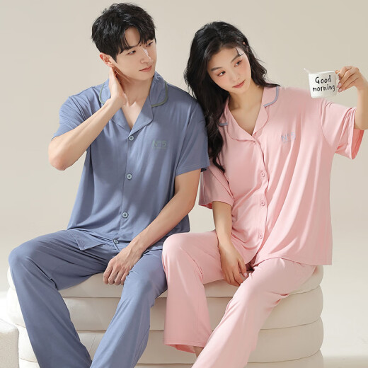 维秘艾米丽莎莫代尔情侣睡衣女春夏季款短袖长裤薄款家居服男女士开衫大码套装 N12109女N12309男 M 女