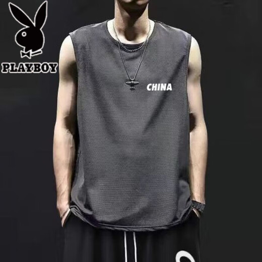 Playboy (PLAYBOY) ice silk sports vest shorts suit for men summer running and fitness large size quick-drying sleeveless vest basketball loose CHINA vest gray + shorts black 2 pieces collection XL Recommended 115-130Jin [Jin equals 0.5 kg]