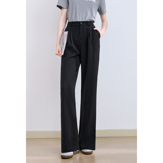 Betu Women's Clothing 2025 Summer Nuevo pantalones informales de pierna ancha colgando pantalones de traje versátiles de cintura alta 2507t43 Black M
