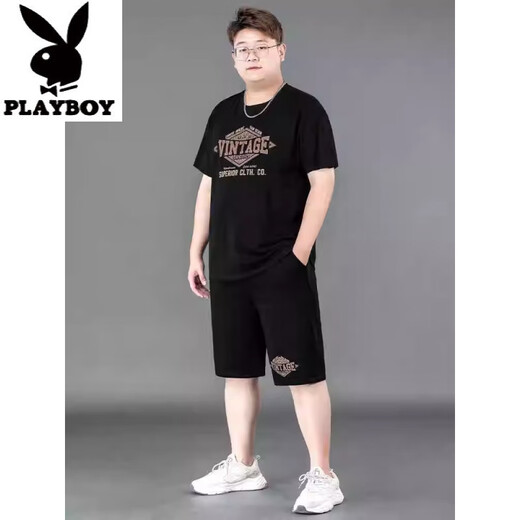 Playboy (PLAYBOY) large size ins trendy brand short-sleeved T-shirt men's summer suit fat plus fat plus thin casual pants loose sportswear 9922 black high-quality ice silk suit XL recommended 130-140Jin [Jin equals 0.5 kg]