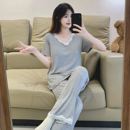 可外穿短袖睡衣女夏季甜美性感蕾丝花边莫代尔棉带胸垫套装家居服 1278黑色 XL 120-150斤