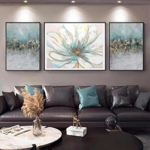 Shunjixiangli hand-painted oil painting high-end living room triptych painting Dafencun abstract sofa background wall hanging painting modern simple flowers JD16751 brocade flower cluster 35*50 left and right 70*50 pure hand-painted oil painting + aluminum alloy black frame