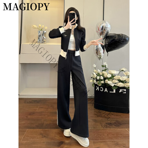 Magiopy International Luxury High-End-Marke kleine Menschen, die hohe Freizeitsport-Set Frauen-Frühling Europäische Station schwarzer Kurzjacke schwarzer zweiteiliger S-S-S-Set (100 Jin [Jin gleich 0,5 kg]))