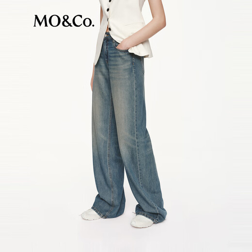 MO&Co.神裤2025秋新品洗磨猫须天丝棉中腰精裁及地直筒牛仔裤MBE3JEN026 牛仔蓝色 S /S