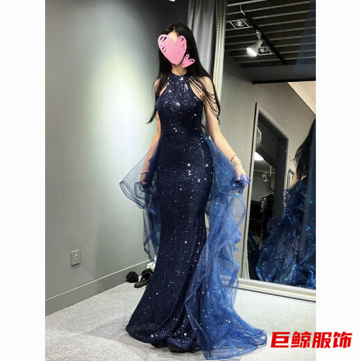 Tromlfz temperament evening dress skirt for women light luxury niche high-end host birthday coming-of-age ceremony elegant violin performance suit blue S
