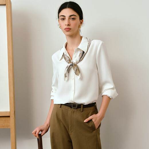Olrain French simple top women's autumn new commuter white shirt with scarf off-white M