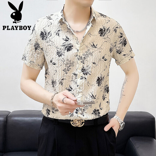 Playboy (playboy) glace Slim Slim Short à manches à manches à manches courtes pour hommes Summer Casual Ir-Irging Mid-Marseved Clothing Men's Clothing Bk679 Black M