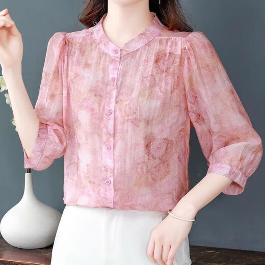 
New summer loose belly-covering temperament chiffon shirt for women with three-quarter sleeves shirt floral stand-up collar top for women Pink XL [Suggested 110-120Jin [Jin equals 0.5 kg]]