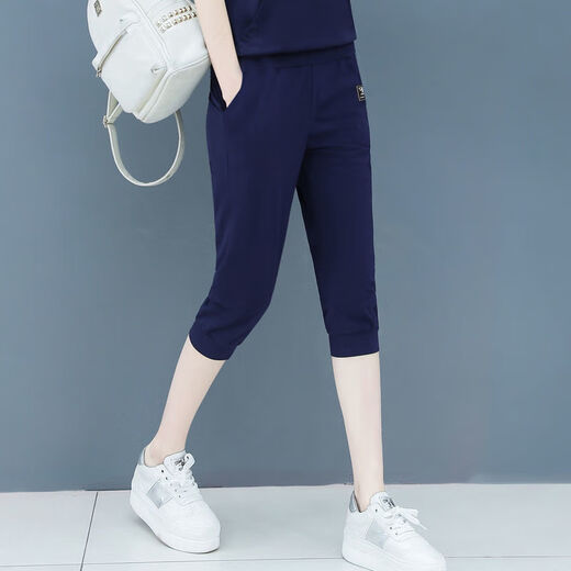 Quan Yinglei summer cropped pants for women large size black slim cotton mid-pants versatile stretch sports women's shorts middle-aged black (crop pants 693#) M