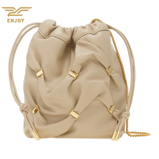 Ferragamo Bucket Bag Women's Bag New Shoulder Bag Drawstring Closure Casual Bag Exquisite and Versatile Beige