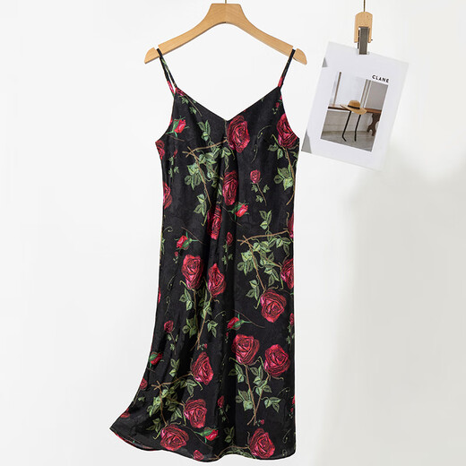 
Da Vinci password pajamas for women 2025 summer new imitation silk jacquard sling nightgown with chest pad home clothes birthday gift box Black gold rose L (100-120Jin [Jin equals 0.5 kg])
