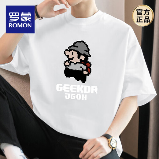 Romon (Romon) 260g schwere reine Baumwoll-Kurzärärt-T-Shirt-Sommer-Runde Runde Hals-Top-Modemarke Pixel gedruckt halbärmelig M09-693 Black S [80-100jin [Jin entspricht 0,5 kg]]