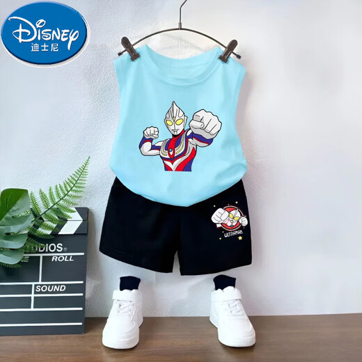 迪士尼（Disney）男童夏装儿童套装夏季纯棉男宝宝短裤背心休闲运动套装洋气两件套 靛蓝背心T983+黑短裤T273 110 cm 建议身高100-110CM