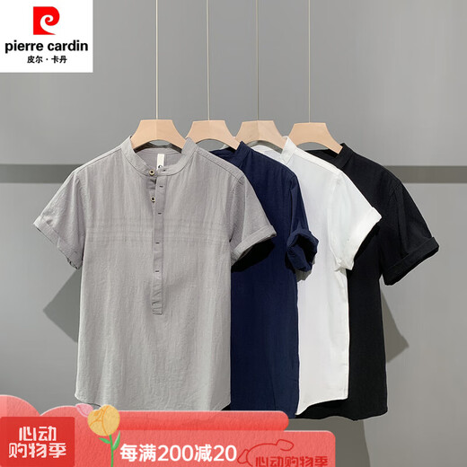 皮尔卡丹（pierre cardin）亨利领亚麻短袖衬衫男无领男士棉麻衬衣t恤上衣polo衫夏季中国风 黑色 3XL 均码