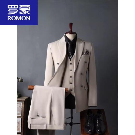 ROMON Apricot double-breasted suit for men 2025 autumn new casual Korean groomsmen suit groom wedding suit for men Khaki (suit + trousers) M 48 (-112Jin Jin is equal to 0.5kg)