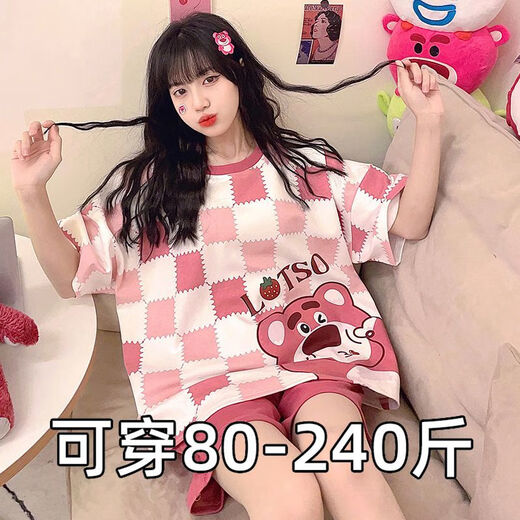 浪莎2025新款夏季短袖睡衣女可爱卡通草莓熊大码胖mm可外穿家居服套装 693黑笑脸 M[建议80-90斤] 均码