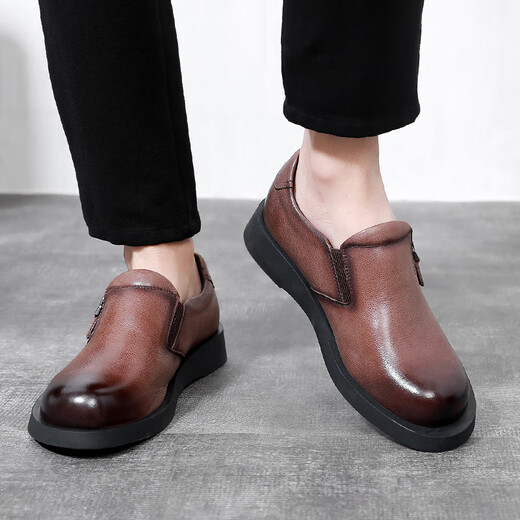Chaussures en cuir à grande tête de Desler Version larges Round Toe Hooded Men's Chaussures For Business Casual Top Couche Cow Hide Lazy Chaussures formelles Brown 206177 Single Lower Large 41 (255 mm)