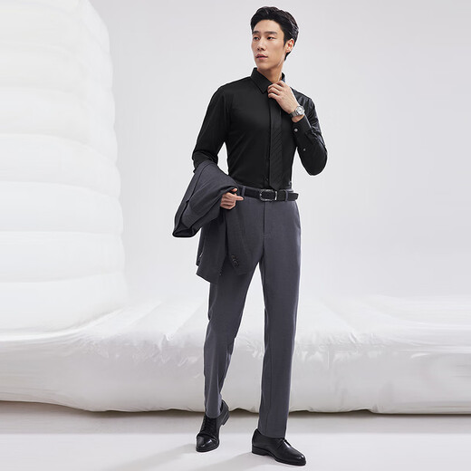 Youngor long-sleeved shirt men's cotton DP no-iron shirt high count plain shirt anti-wrinkle crisp stylish flat 2025 new black satin VLDP119699AJY 39 (170/88Y)