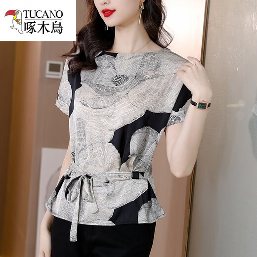 Woodpecker cool counter genuine silk short-sleeved T-shirt for women 2025 summer new fashionable fashionable small shirt high-end mulberry silk 9918 peony M