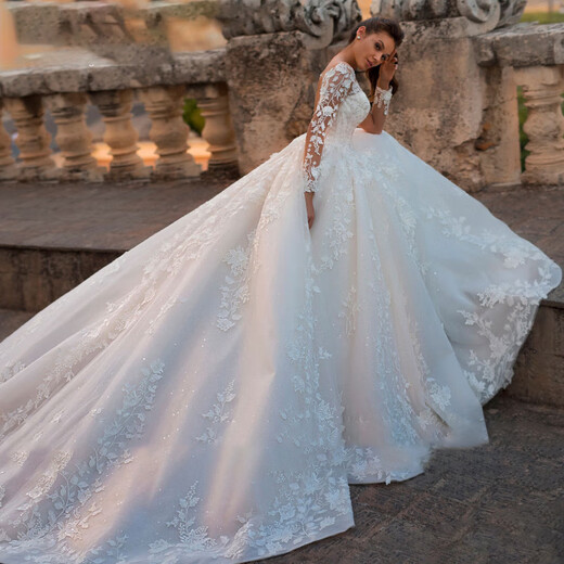 Braut Hochzeitskleid V-Ausschnitt 2025 Neue Rippen Großer Schwänze Hochzeitskleid Retro Sexy Tulle Langarm Hochzeitskleid Weiß Full Style S S