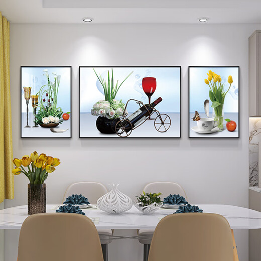 吃香喝辣餐厅装饰画 餐厅装饰画现代轻奢餐桌背景墙壁画时尚饭厅 杯酒言欢 QY7170 1(左右35*50+中50*70)适合1.8米