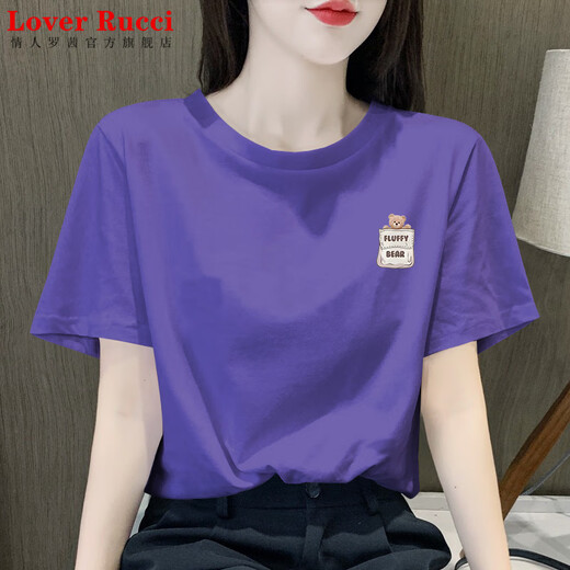 LOVER RUCCI dark gray pure cotton short-sleeved T-shirt for women 2025 new summer fashionable round neck print niche half-sleeved top T-shirt 6197 dark gray regular style (pink print) S 80-100Jin [Jin equals 0.5 kg]