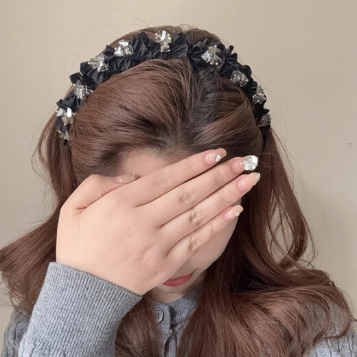 Princess of Paris headband for women 2025 new high-end rhinestone light luxury fashion fluffy high skull hairpin face wash headband black pleated rhinestone headband
