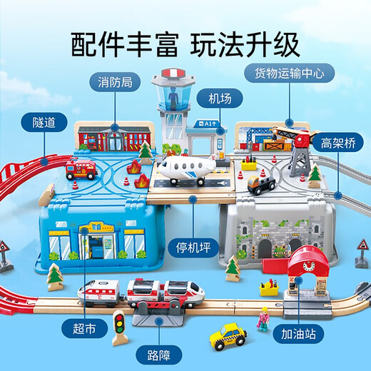 Hape German Hape small train track toy wooden building block assembly and plug-in set multi-functional children's train toy train track transportation hub storage set E3773