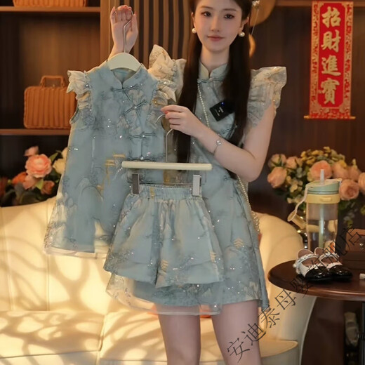 Andy Tai New Chinese Style Parent-Child Clothes Cheongsam Skirt Chinese Style Hanfu Retro Embroidered Top Mother Daughter Suit Green 175 Mom Skirt L (Suitable 120Jin Jin equals 0.5kg -140Jin Jin equals 0.5kg