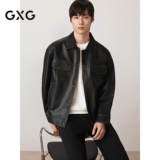 GXG Men's Simple Topline Design PU Leather Jacket Men's Retro Casual Jacket Trendy Jacket Autumn Black L