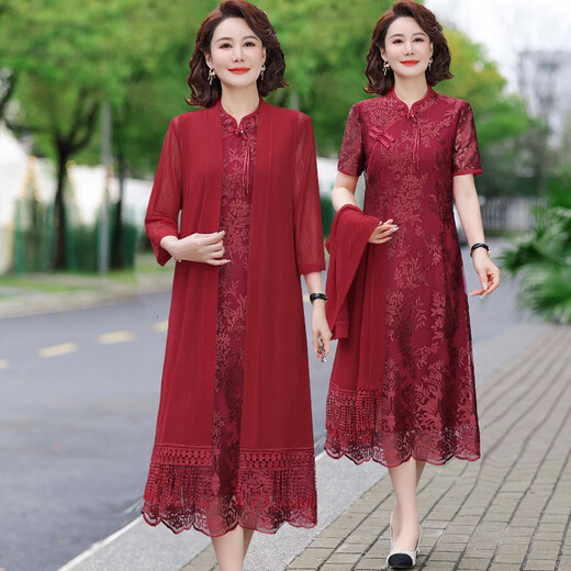 酷章（KUZHANG）喜婆婆婚宴套装妈妈春夏秋连衣裙高贵旗袍裙子新款结婚礼服两件套 9277枣红 两件套连衣裙 M 80-95斤