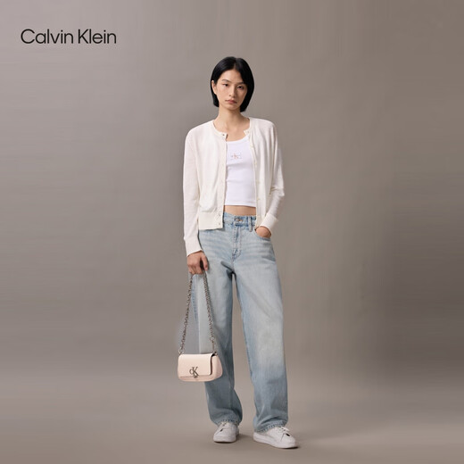 Calvin Klein【七夕礼物】单肩包链条包包字母旋扣翻盖CK女包斜挎马鞍包DH3240 PS2-贝壳粉 OS