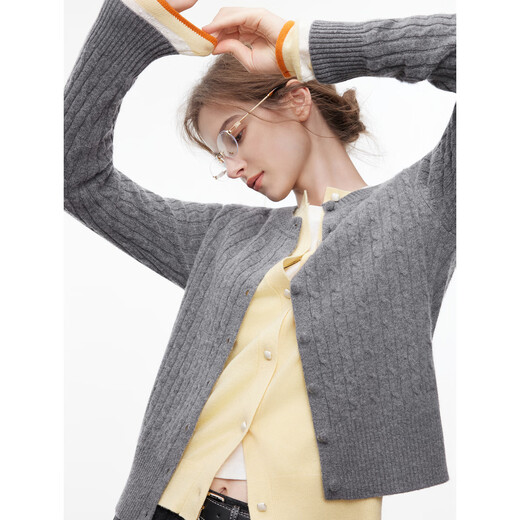 
ELLE gray grey round neck crimp knit cardigan for women 2025 autumn new wool casual sweater medium gray S
