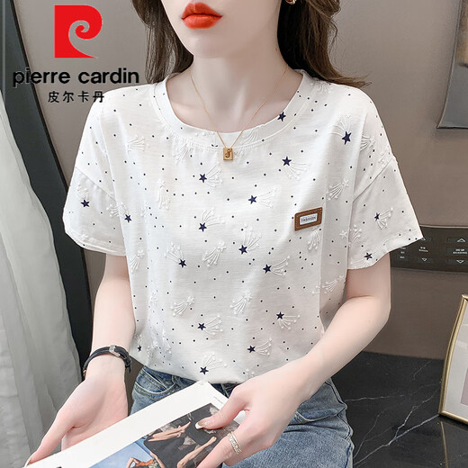 Pierre Cardin reines Baumwolldruck-T-Shirt für Frauen kurzärmeliger Sommer 2025 Neues lose Druckdesign VERSATILE T-Shirt Top Trend 1396 Weiß + 2503 Große Buchstaben M für 100-109jin [Jin entsprechen 0,5 kg]