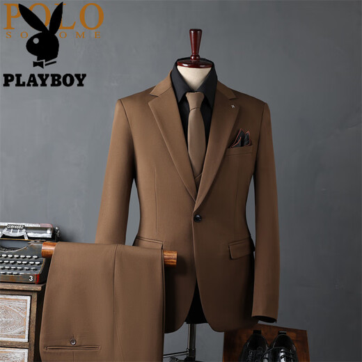 Playboy high-end suit suit men's formal business gentleman British fashion high-end Korean version slim casual professional suit JS9981 coffee color 6XL =185~210Jin Jin equals 0.5 kg