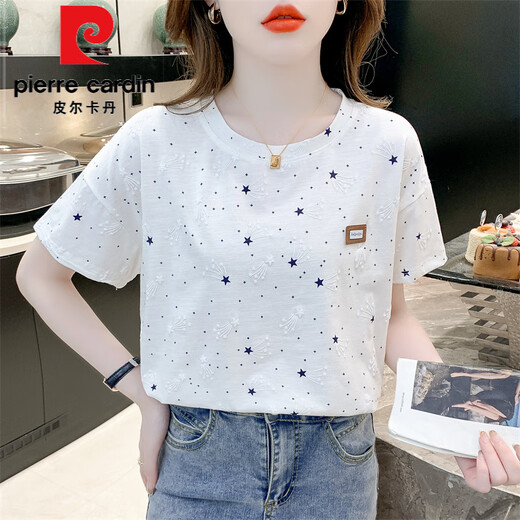 Pierre Cardin reines Baumwolldruck-T-Shirt für Frauen kurzärmeliger Sommer 2025 Neues lose Druckdesign VERSATILE T-Shirt Top Trend 1396 Weiß + 2503 Große Buchstaben M für 100-109jin [Jin entsprechen 0,5 kg]